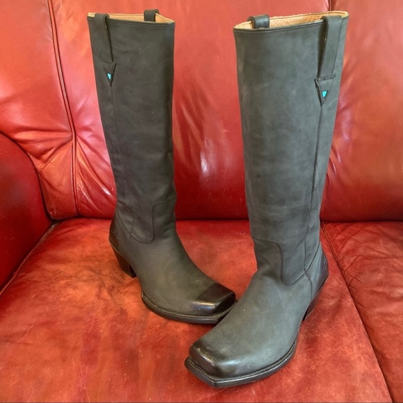 JOHN FLUEVOG Matt Black Square Toe Boots (Cowboy) - W11, M9 - Picture 1 of 15